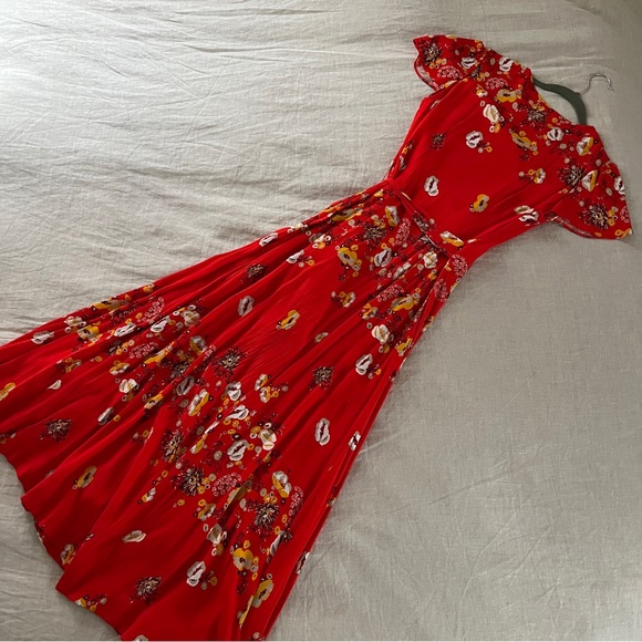 Free People Maxi Red Floral Tie Wrap Dress - Size Small - Picture 9 of 10
